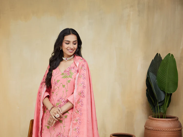 Apricot Embroidered Cotton Unstitched Suit Set - Image 14