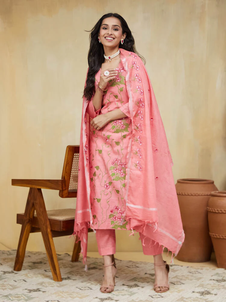 Apricot Embroidered Cotton Unstitched Suit Set - Image 15