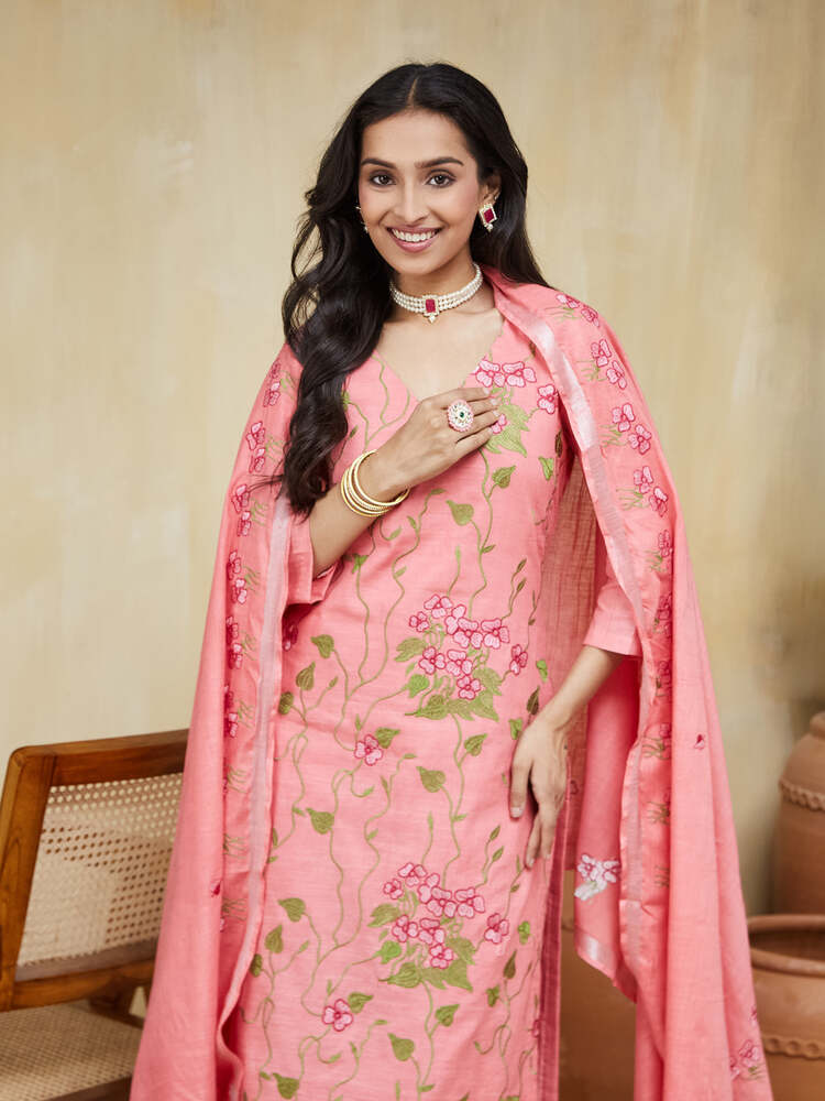 Apricot Embroidered Cotton Unstitched Suit Set - Image 7