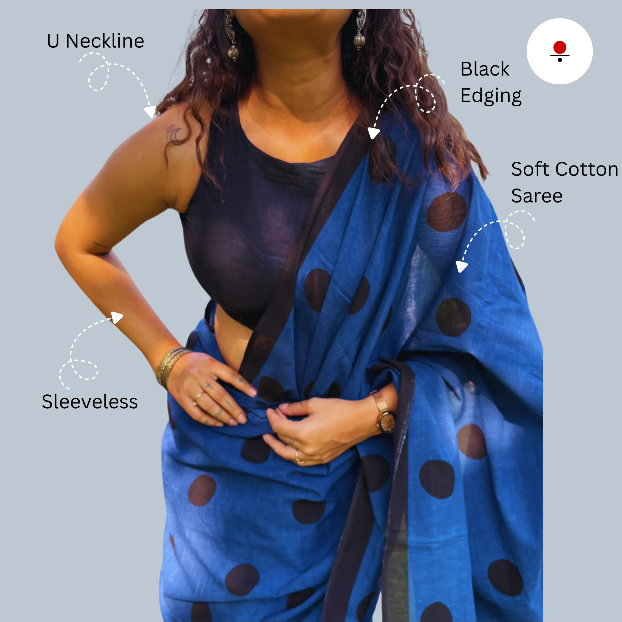 Blue Polka Cotton Saree - Image 2