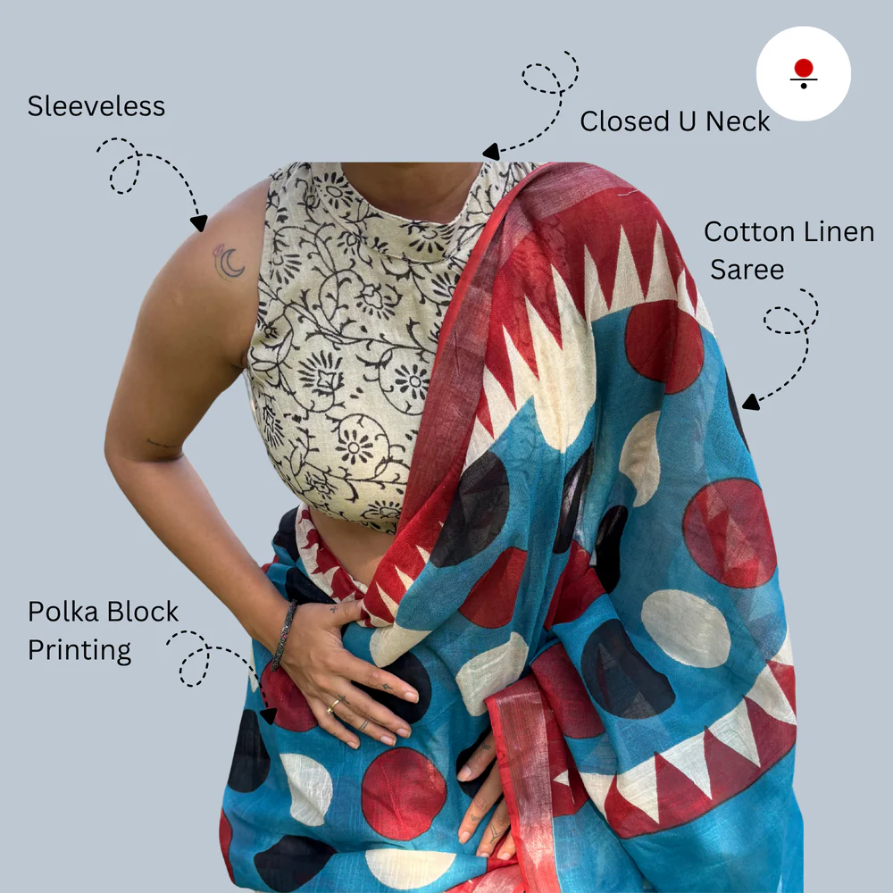Blue Polka Linen Hand Block Printed Saree - Image 2