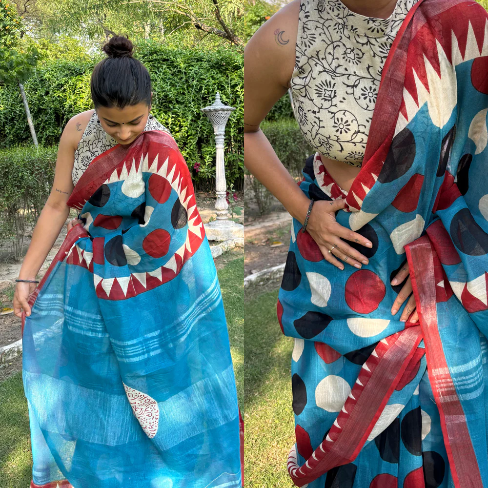 Blue Polka Linen Hand Block Printed Saree - Image 3