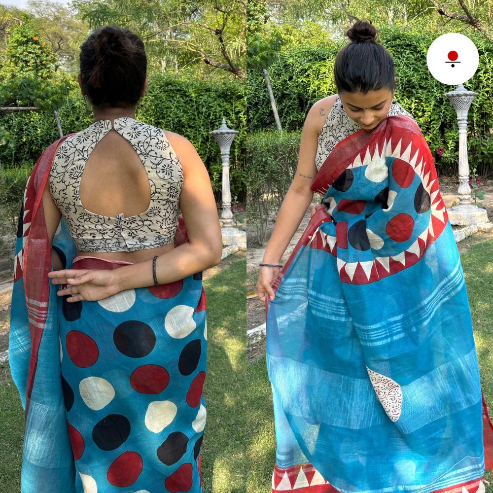 Blue Polka Linen Hand Block Printed Saree - Image 4