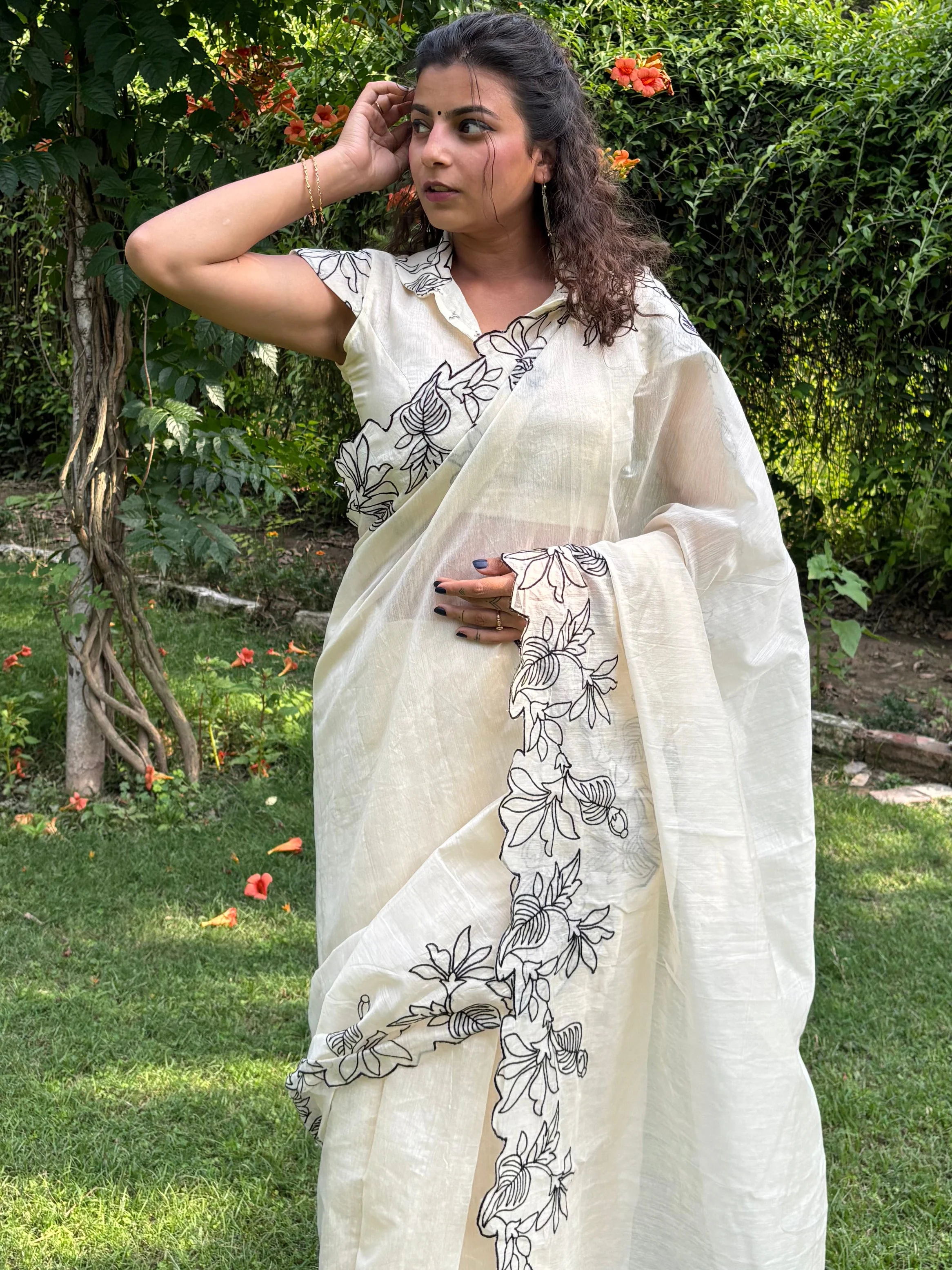 Creamy Pie Cotton Chanderi Embroidered Saree