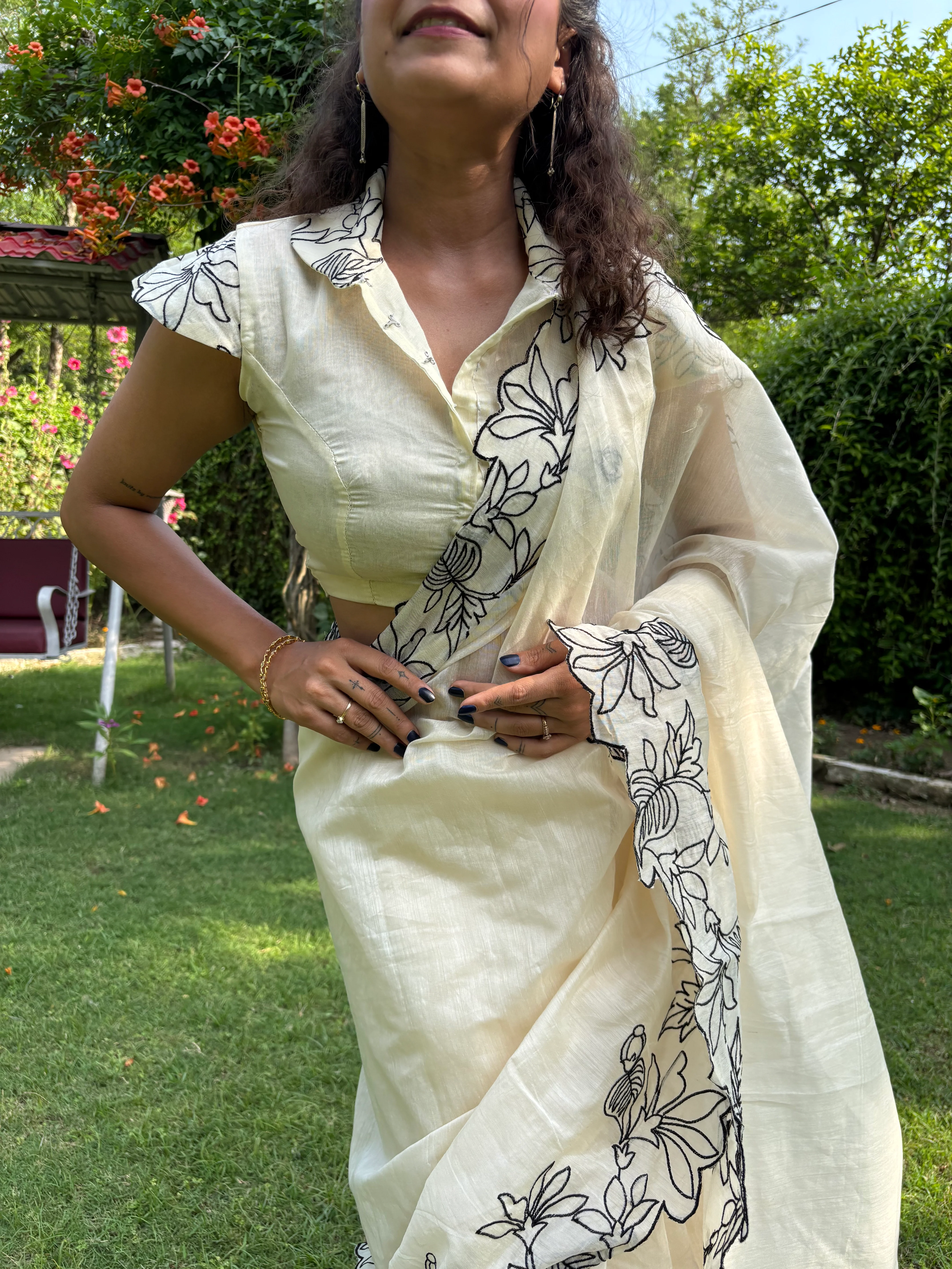 Creamy Pie Cotton Chanderi Embroidered Saree - Image 6