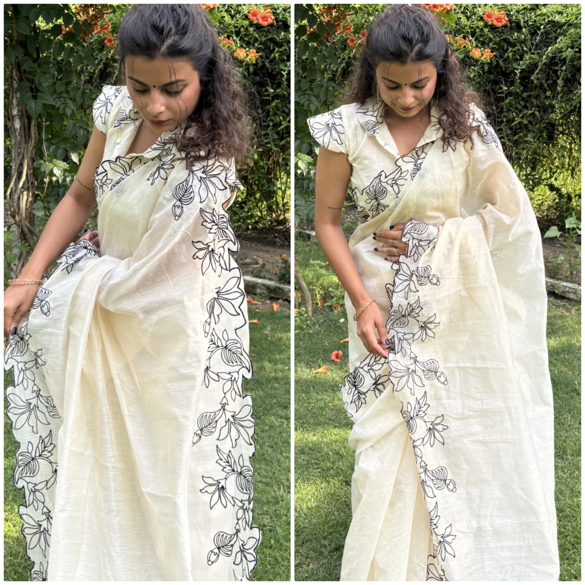 Creamy Pie Cotton Chanderi Embroidered Saree - Image 7