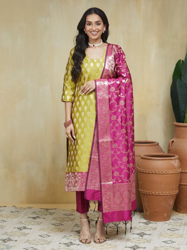 Emerald Yellow Banarsi Silk Unstitched Suit Set - Image 18
