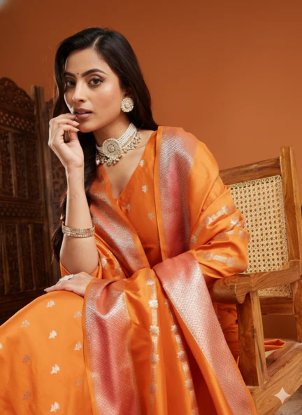 Golden Orange Banarasi Silk Unstitched Suit Set - Image 3