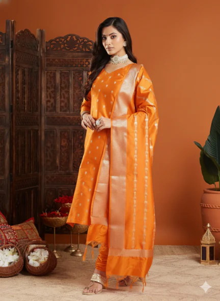Golden Orange Banarasi Silk Unstitched Suit Set - Image 4
