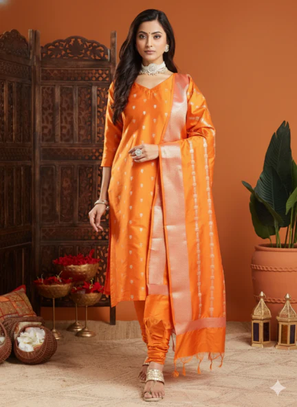 Golden Orange Banarasi Silk Unstitched Suit Set - Image 5